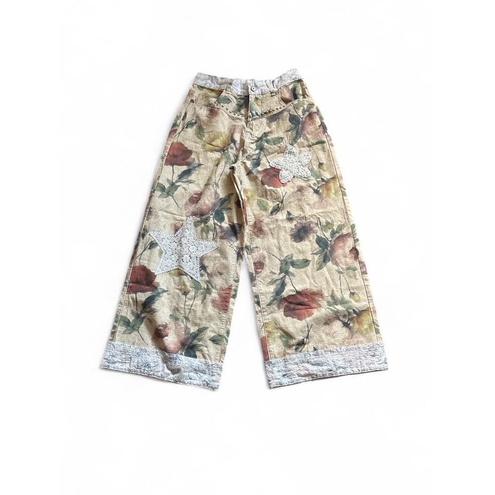 Pol Floral Wide-Leg Boho Pants in Beige with Lace Appliqué & Studs Women’s Sz S - Picture 5 of 9